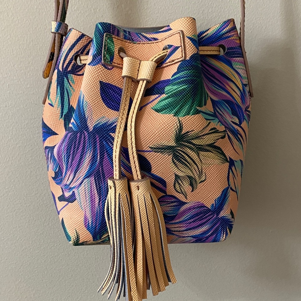 J Crew leather Floral Bucket Bag withTassels